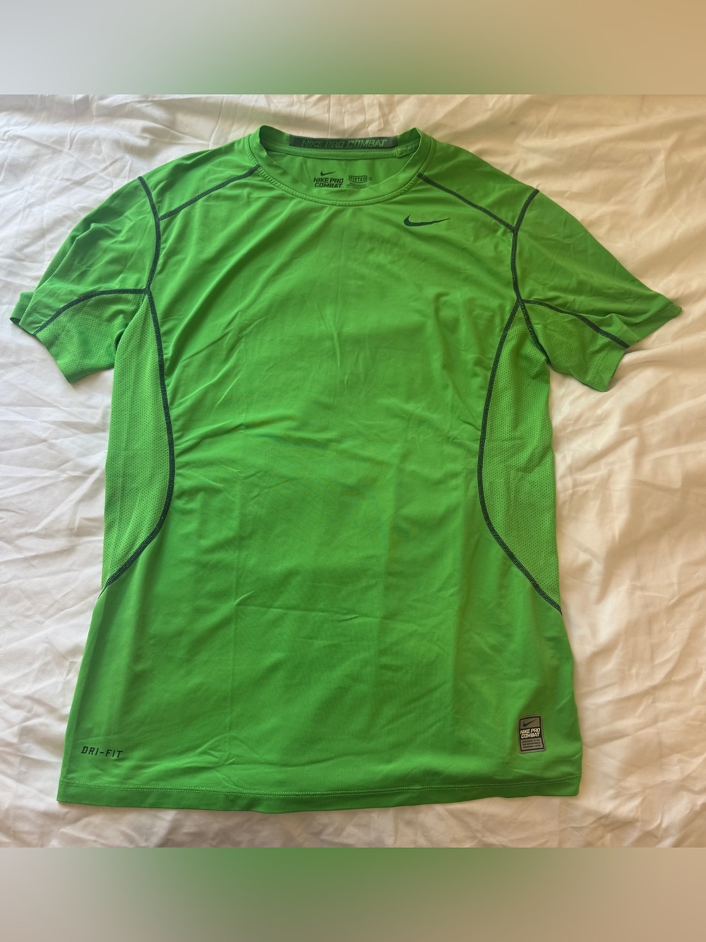 Nike Pro Combat Dri-FIT Large Neon Green Fitted Shirt Y2K Gym Training Workout